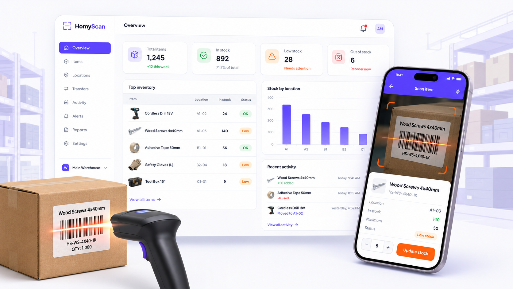 HomyScan dashboard showing live stock levels, low-stock items and recent activity, next to a phone scanning a barcode on a box